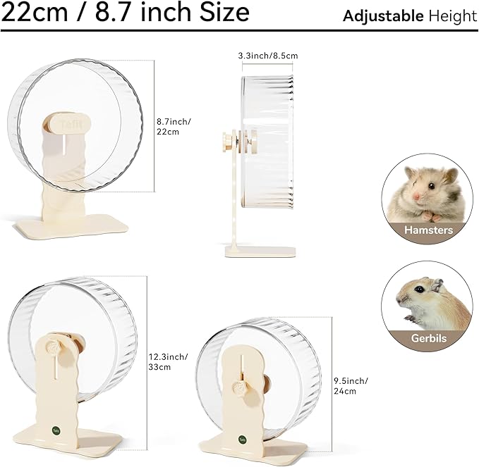 Quiet Hamster Wheel 8.7 Inch Dual-Bearings Silent Small Animals Running Exercise Wheel Height Adjustable for Syrian Hamsters, Gerbils, Rats, or Other Small Pets, Transparent