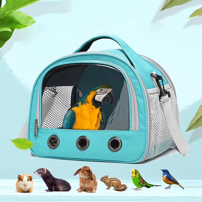 Parrot Carrier Travel Bird Carrier 12 * 8 * 10in Panoramic View with Plush Mat Metal Tray Grid Foot Pad for Parrot Hamster Hedgehog Rabbit Sugar Glider (Green)