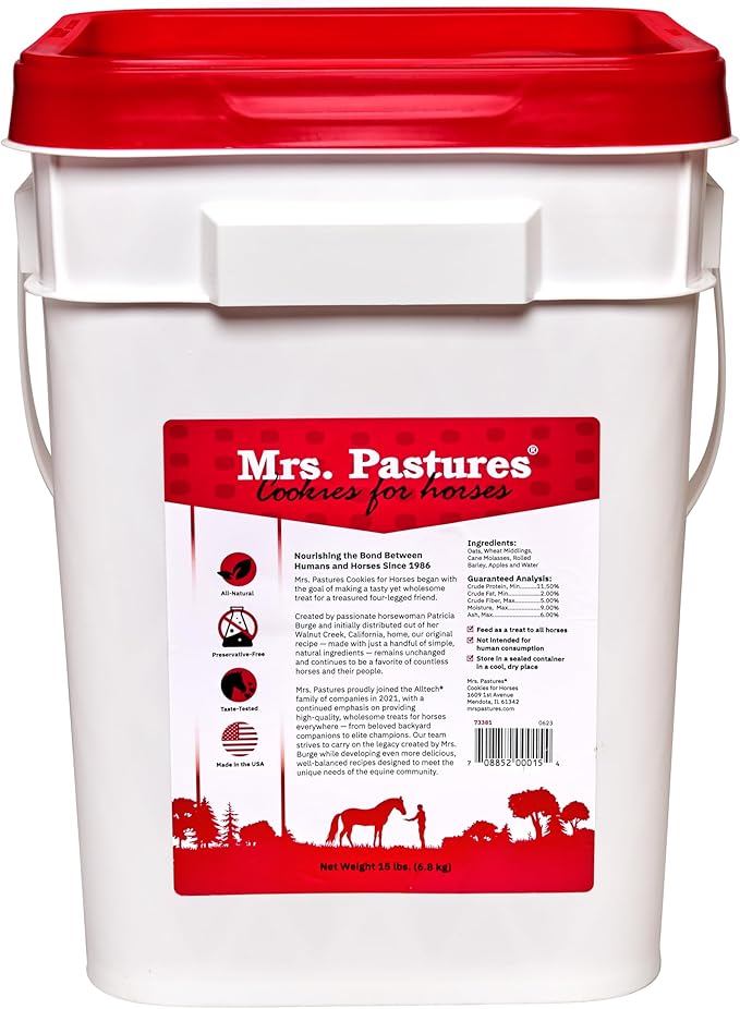 Mrs Pastures Cookies and Treats for Horses - Premium Horse Treats - Made with Apples, Oats, and Rolled Barley - Preservative Free - All Natural Ingredients - No Corn or Soy (15lb Bucket)