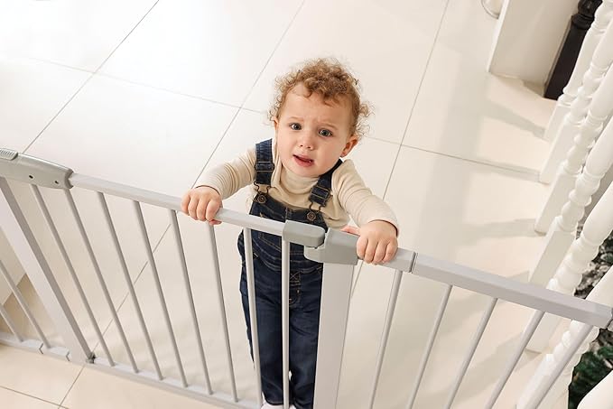 53.46"-55.63" Baby and Pet Safety Gate, 30" Tall Metal Walk-Thru Gate for Doorways & Stairs, Easy One-Hand Open, Dual Lock, Extensions & Wall Mounts Included (Black, 29"-54" W x 30.5“H)