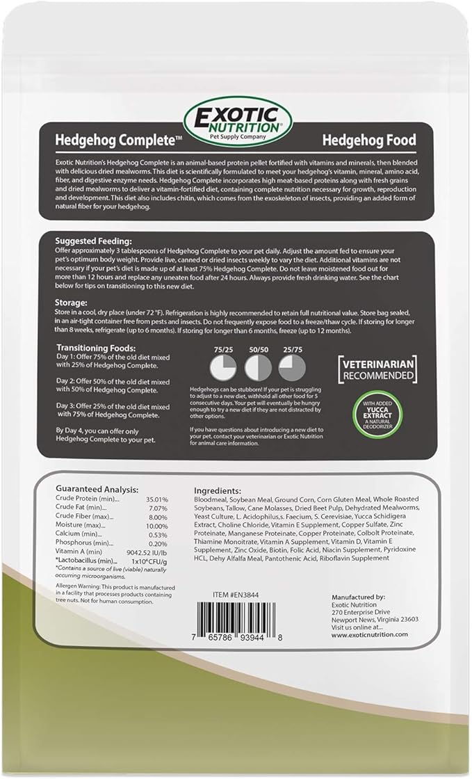 Exotic Nutrition Hedgehog Complete 16 lb - Nutritionally Complete Natural Healthy High Protein Pellets & Dried Mealworms - Food for Pet Hedgehogs