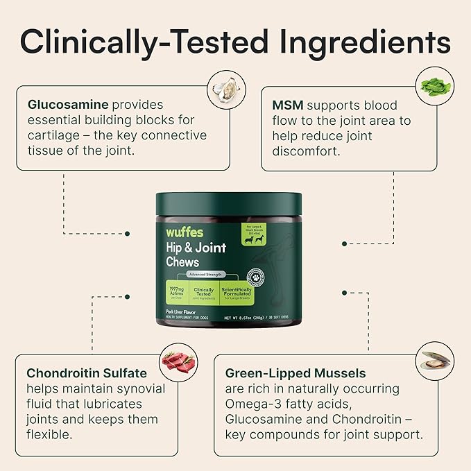 Wuffes Advanced Dog Hip and Joint Supplement with Glucosamine, Chondroitin, Omega 3, MSM, and Green Lipped Mussel, (Pack of 2, Small & Large Breed)