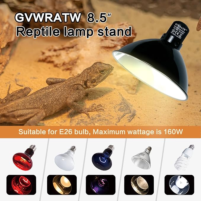 8.5-inch Standard Lamp Dome for Reptile Heating Lamps, Ceramic Heat Emitters, Max 200W for Bearded Dragons, Turtles, Snakes and Lizards, E26 Base