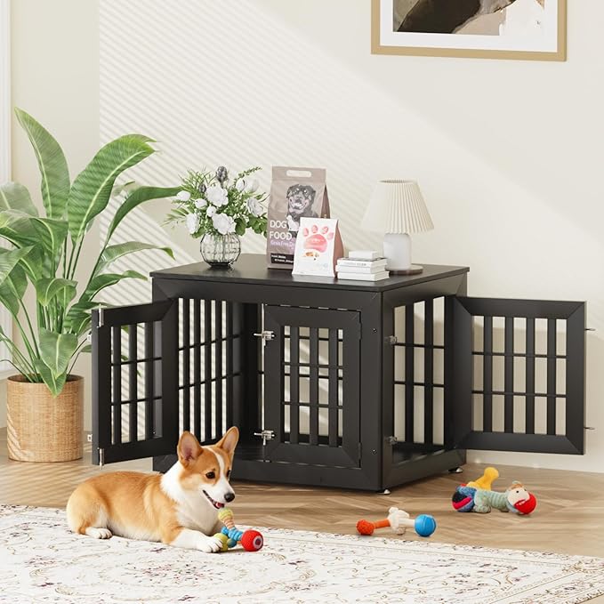 Snuowu 32" Heavy Duty Dog Crate Furniture for Small,Medium and Large Dogs,Rustic Wooden Dog Cage Kennel Indoor Furniture with Waterproof Top,Decorative Pet House Side End Table (Black)