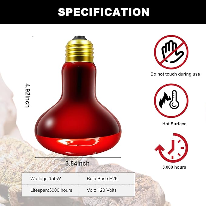 2Pack Infrared Heat Lamp Bulbs, 150W Reptile Heat Emitter Infrared Basking Spot Light, Red Heat Lamp for Chickens Coop Reptile Pets Brooder Use