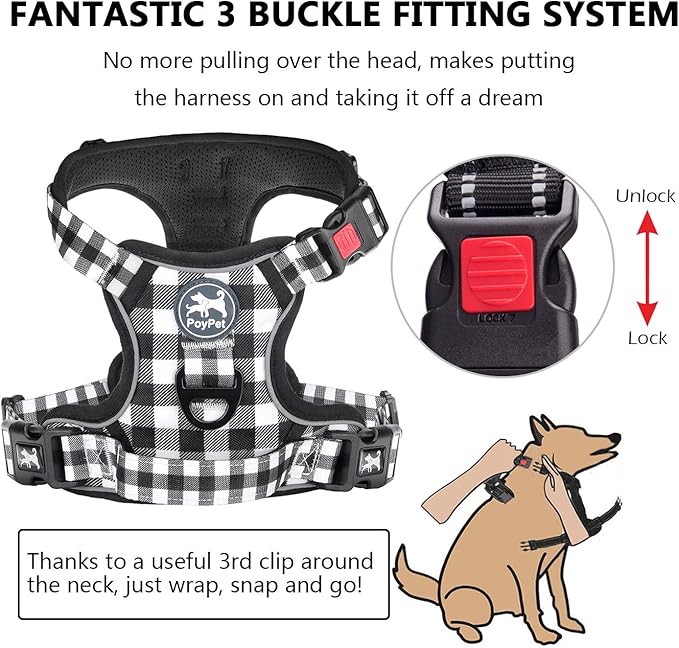 PoyPet No Pull Dog Harness, [Neck Release] Reflective Adjustable No Choke Pet Vest with Front & Back 2 Leash Attachments, Soft Control Training Handle for Small Dogs(Grid,M)