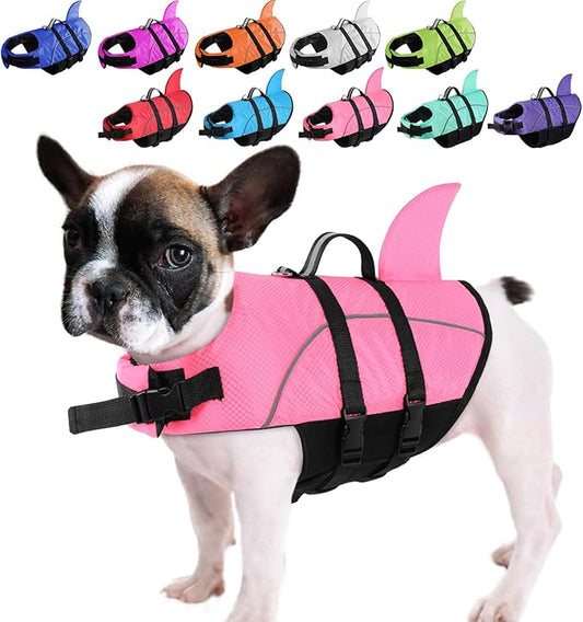 Queenmore Small Dog Life Jacket,Shark Dog Life Vest for Swimming,Puppy Light Life Preserver for Boating Kayaking Canoeing,Pet Reflective Lifesaver with High Buoyancy,Rescue Handle,Leash Hook (Pink,L)