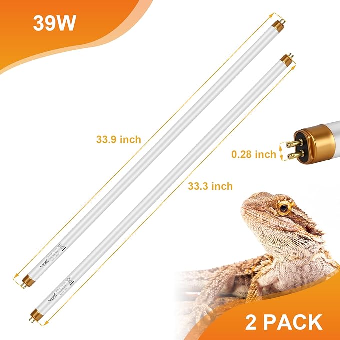 UVB Light for Reptiles Bearded Dragon, 2 Pack T5 UVB Reptile Light UVB Bulb 10.0 39W UVA UVB Reptile Light Bulb Terrarium Light Lamp Tube for Turtle Chameleon Leopard Gecko Snake Tank, 34 Inch