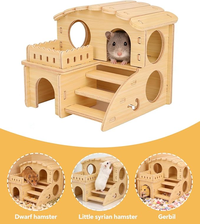 6 PCS Wooden Hamster Cage Accessories Toys Set, Hamster House Hideout, Platform, Silent Wheel, Feeding Box, Swing & Seesaw Toys, Cute Habitat Decor for Syrian Dwarf Hamsters and Gerbil