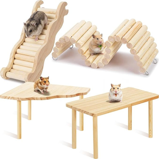BreezeHug 4 Pcs Hamster Platform Hideout Wooden Tunnel Ladder Playhouse Hamster Game Climbing Toy with Platform Cage Accessories for Small Pets Dwarf Syrian Mice Degus Gerbils Squirrel(Climber)