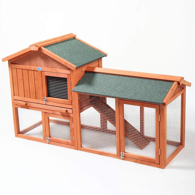 Sandinrayli 2-Tier Outdoor Wooden Rabbit Chicken Pet Hutch House with Run, Elevated Retreat, Ramp, Door (Orange)