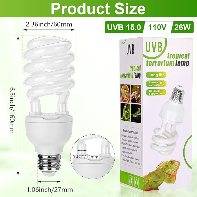 Reginary 4 Pcs Uvb Reptile Light 15.0 26w Uvb Bulb for Desert Tropical & Sub-Tropical Reptiles Compact Fluorescent Lamp, Ideal for Chameleons, Lizards, Tortoises, Snakes, Iguanas & Turtles