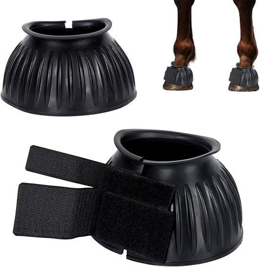 1 Pair Black Bell Boots for Horses, Double Lock Horse Care Boots, Protect Against Hoof Impact Trauma, Rubber Bell Boots Horse Care for Turnout, No Rub Design Comfort Quick Wrap Hook and Loop