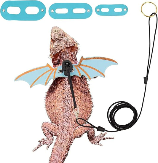 Bearded Dragon Leash and Harness Set 3 Size Pack Adjustable Cool Leather Lizard Leash with Dinosaur Wings for Reptile Safety Walking Accessories,Blue