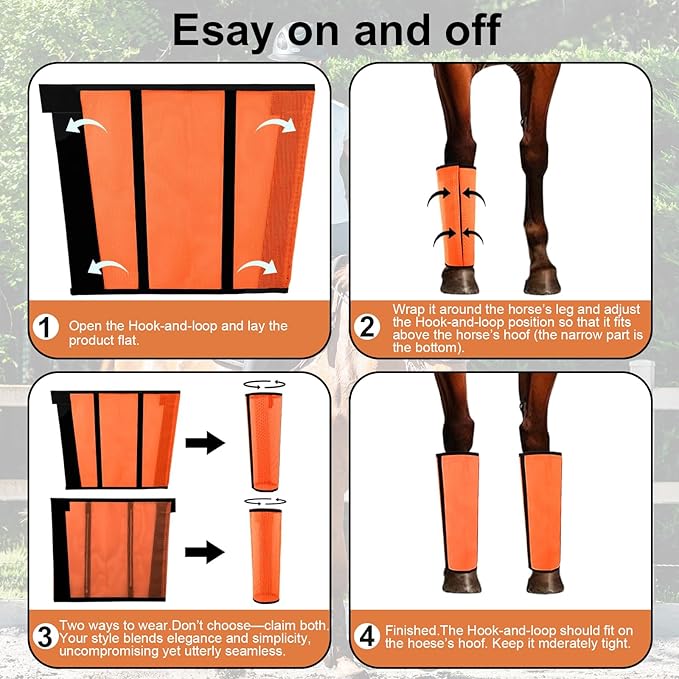 Fly Boots for Horses Set of 4 Breathable Textilene Mesh Horse Fly Boots with Stable Support & UV Protection, Comfortable Equine Boots, Reduces Stomping, Leg Fatigue & Hoof Damage.(Orange)