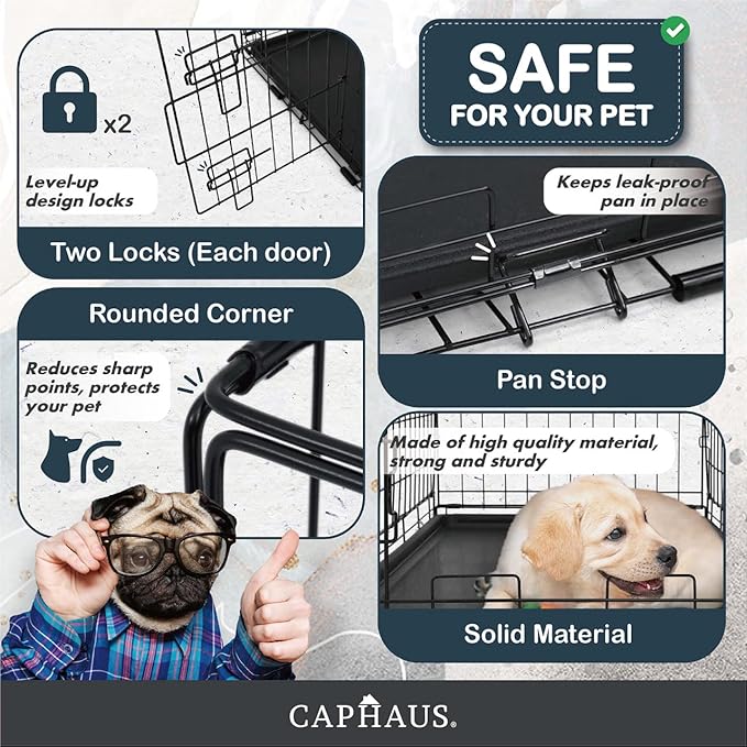 CAPHAUS Foldable Dog Crate Wire Metal Dog Kennel w/Leak-Proof Pan & Protecting Feet & Divider Panel, Single or Double Door, Small, Medium & Large Dog Crate Indoor Cage, 30” w/Single Door