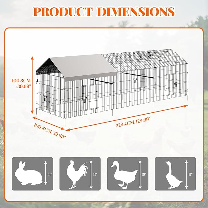 Metal Chicken Coop, Chicken Run for Yard with Cover, Outdoor Metal Chicken Cage with 4 Door and 1 Window for Outside Duck Rabbit Hen, 130"×40"×40"