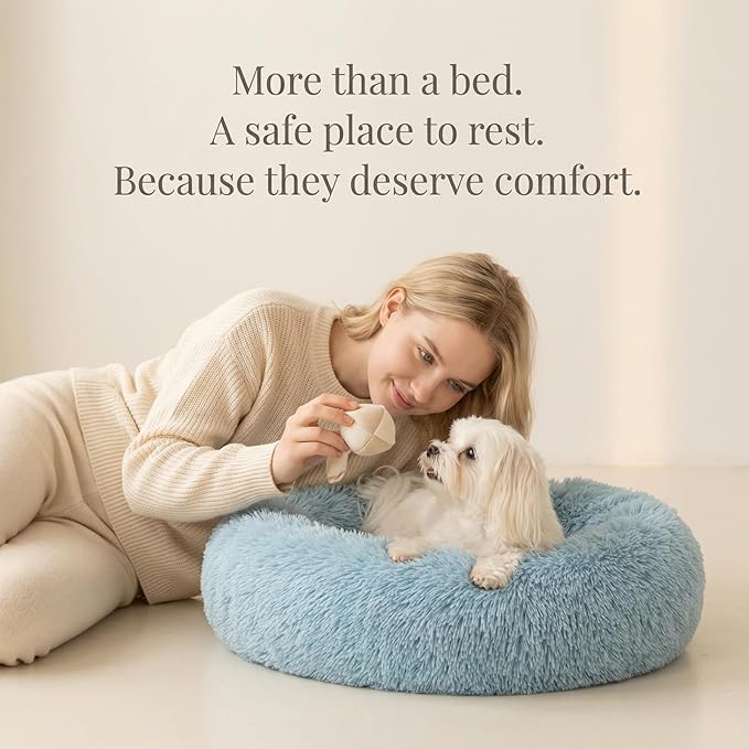 Calming Donut Dogs Beds for Small Dogs Washable,23inch Plush Round Pet Bed for Cozy Sleep,Fluffy Faux Fur Large Cat Bed,Fits up to 25 lbs Pets,Washed Blue