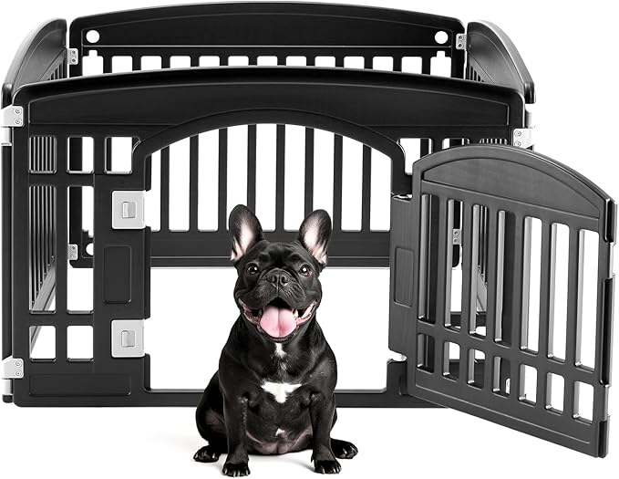 DUMOS Dog Playpen 4 Panel 24" Plastic Exercise Pen with Door Small Puppy, Medium Dogs Animal Pet for Outdoor, Garden, Yard, RV Camping - Black