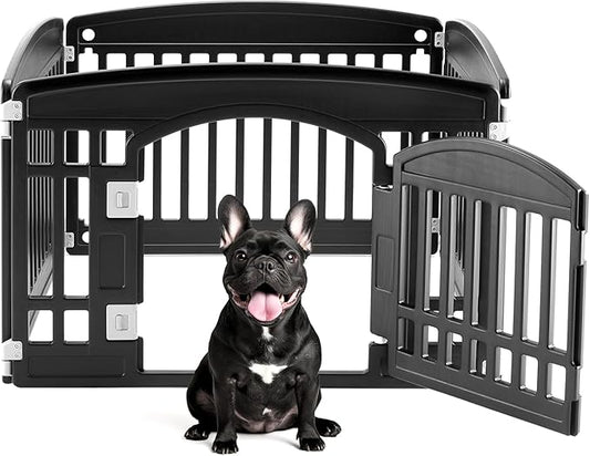 DUMOS Dog Playpen 4 Panel 24" Plastic Exercise Pen with Door Small Puppy, Medium Dogs Animal Pet for Outdoor, Garden, Yard, RV Camping - Black