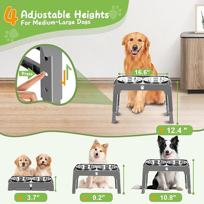 Elevated Raised Dog Bowl Stand with 2 Stainless Steel Bowls, Adjustable Height for Medium Large Dogs, 12.36" - 3.7" Foldable Feeder, Grey