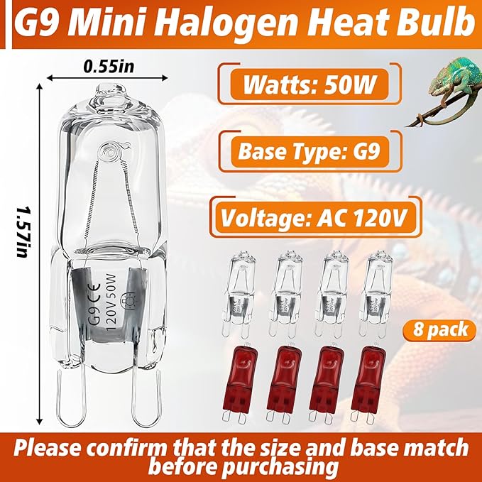 8 PCS G9 Halogen Bulb, Mini Halogen Bulb 50W, Reptile Heat Lamp for Bearded Dragon Gecko Turtle Lizard