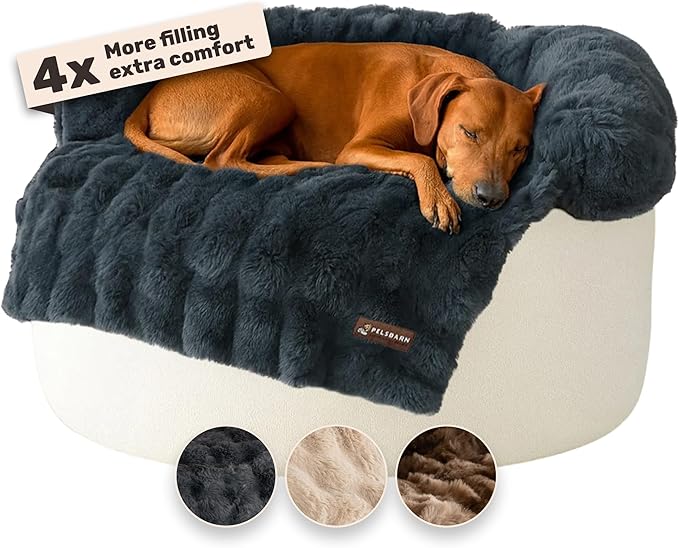Pelsbarn Dog Bed for Couch, Luxurious Sofa Bed for Dogs with Non-Slip Oxford Bottom - Faux Rabbit Fur with Removable Cover, Large, Gray - 33x33 in
