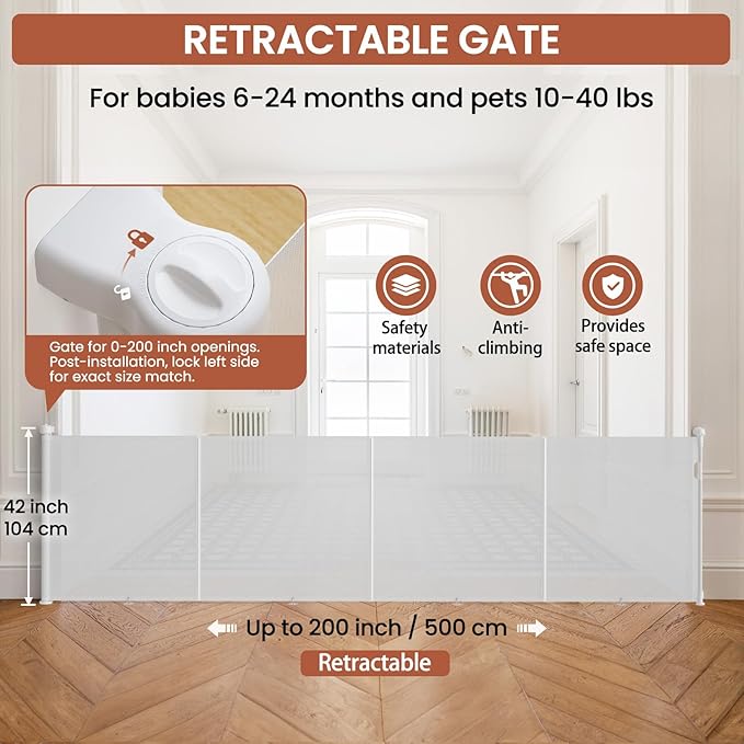 Upgrade Retractable Baby Gates Extra Wide(200" W x 42" H), 200 inch Reinforced Retractable Dog Gate to Prevent Crawling Through, Retractable Gate Outdoor/Indoor, Real One-Handed Operation, White