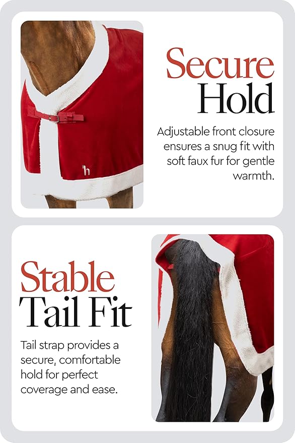HORZE Santa Christmas Fleece Horse Cooler Blanket with Faux Fur - Red - 69 in