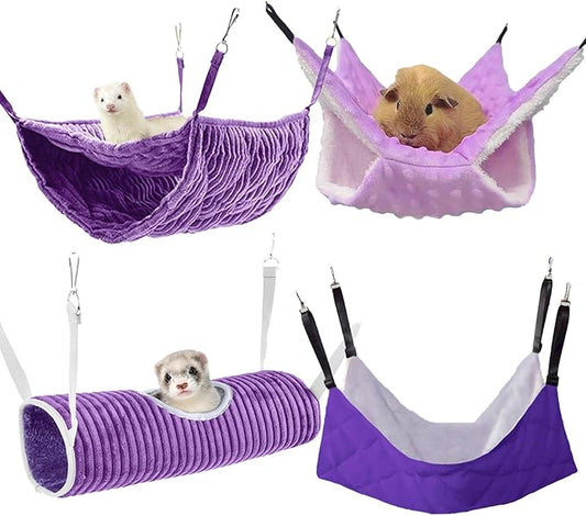 kathson 4 PCS Ferret Hammock Set,Guinea Pig Hammocks Hideout Bed,Ferret Hanging Play Tunnel,Soft Rat Hammock Sleep Beds Cage Accessories for Sugar Glider,Hamster Chinchilla