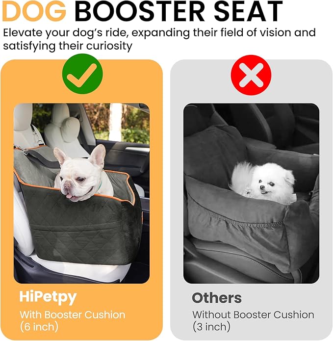 HiPetpy Dog Car Seat for Small Dog, Booster Seat for Dogs Under 30lb, Elevated Pet Seat with Pockets, Anti-Slip Bed for Car, Perfect for Front & Back Seats with Safety Leash (Black/Grey, Medium)