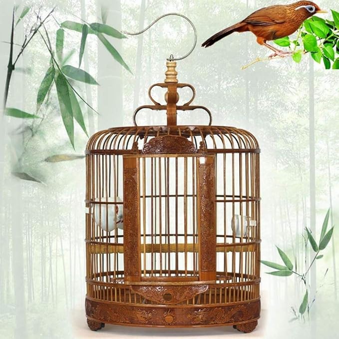 Traditional Chinese Style Bamboo Bird Cage Classic Round Carving Bird Carrier Garden Decor