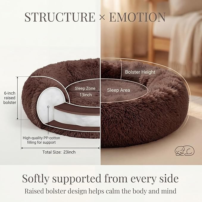 Calming Donut Dogs Beds for Small Dogs Washable,23inch Plush Round Pet Bed for Cozy Sleep,Fluffy Faux Fur Large Cat Bed,Fits up to 25 lbs Pets,Chocolate Brown