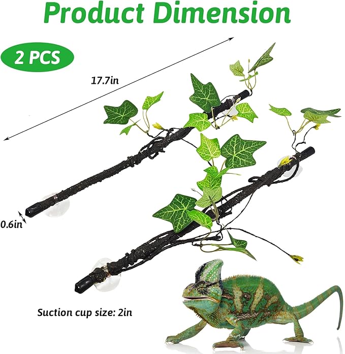 PINVNBY 2 PCS Snake Climbing Branch, Flexible Jungle Reptile Vine with Suction Cup Gecko Climb Tree Branches Chameleons Cage Accessories for Lizards,Tree Frog, Crested Gecko,Snake Enrichment（Green）