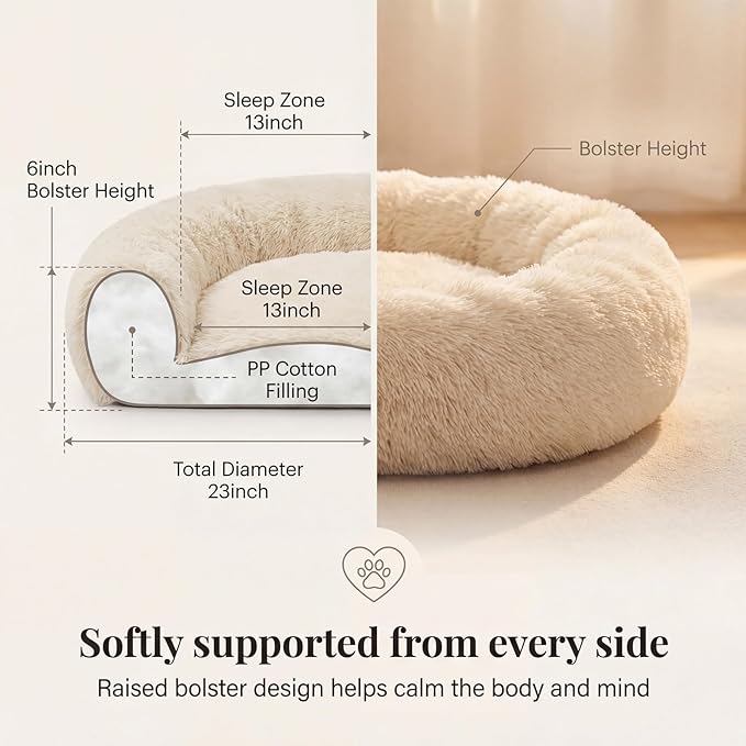 Calming Donut Dogs Beds for Small Dogs Washable,23inch Plush Round Pet Bed for Cozy Sleep,Fluffy Faux Fur Large Cat Bed,Fits up to 25 lbs Pets,Beige