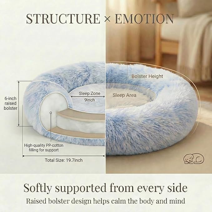 Calming Donut Dogs Beds for Small Dogs Washable,19inch Fluffy Round Puppy Bed for Puppies,Cats & Toy Breeds with Raised Rim,Fits up to 15 lbs Pets,Gradient Blue