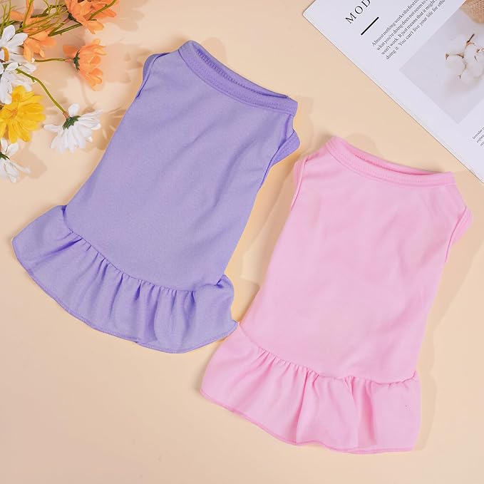2 Pcs Dog Dresses Cat Skirt Solid Color Dog Clothes Summer Sleeveless Puppy Girl Clothes for Small Pet Dogs Cats (Pink,Light Purple, Medium)
