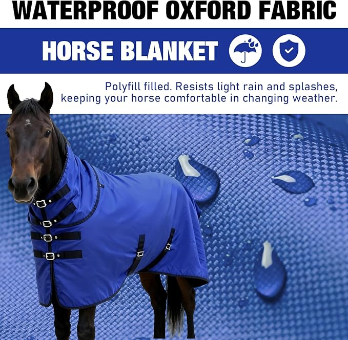 Horse Blankets Winter for Real Horses, 1600D Waterproof Poly Rain Sheets 75 Inch with Neck Cover Belly Wrap Tail Wrap Turnout Blanket, Horses Stuff Care Medium Large Weight Heavy Outdoor Clothes Blue