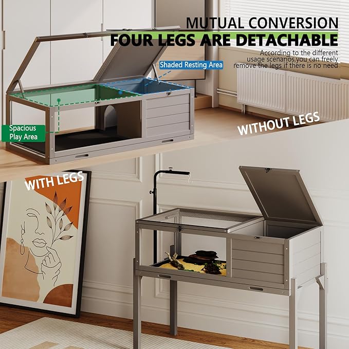 PRETZI Tortoise Habitat with Adjustable Lamp Holder, Turtle Enclosure Indoor/Outdoor, Wooden House for Small Animals, Large Reptile Terrarium Table with Detachable Legs (New Gray)