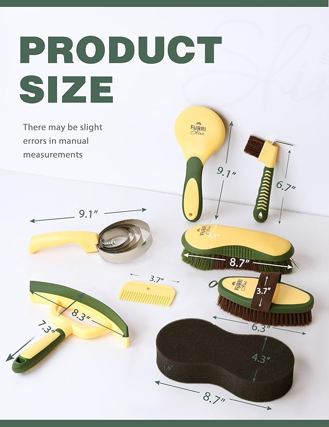 9-Piece Horse Grooming Brush Kit, Silicone Curry Comb & Grooming Brushes for Daily Care, Bathing & Shedding Pasture Glow