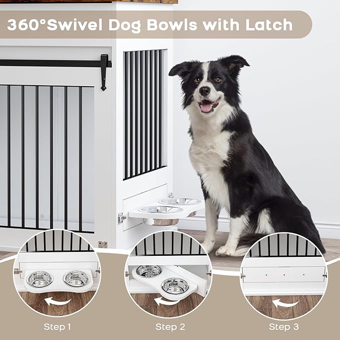 Large Dog Crate Furniture with Sliding Door & 360° Spinning Bowls | Durable Modern End Table for Medium & Large Dogs for Pet Owners (40-inch)