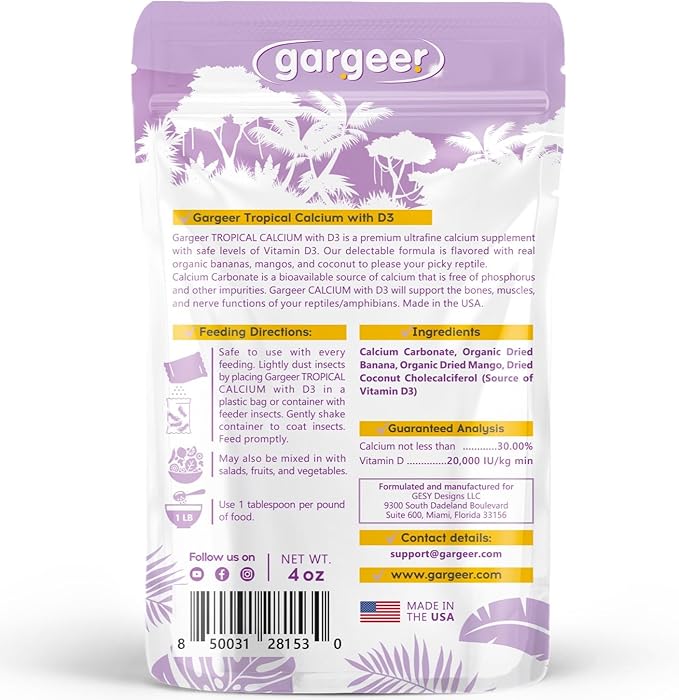 Gargeer 4oz Gecko Calcium with Vitamin D3, Phosphorus-Free, Ultrafine Powder. Ready to Use Supplement for Geckos and Fruit-Eating Reptiles. Pure Dust with Real Organic Fruits. Made in the USA