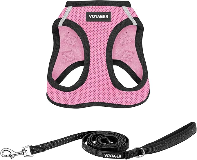 Best Pet Supplies Voyager Step-in Air All Weather Mesh Harness and Reflective Dog 5ft Leash Combo with Neoprene Handle, for Small, Medium and Large Breed Puppies - Set (Pink Base), X-Large
