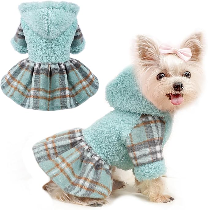 Dog Hoodie Dress Winter Pet Sweaters for Small Dogs Girl Cold Weather Warm Puppy Dresses Plaid Pet Clothes Outfits for Chihuahua Yorkie Teacup Cat Skirt Coat Apparel Clothing (X-Small, Blue)