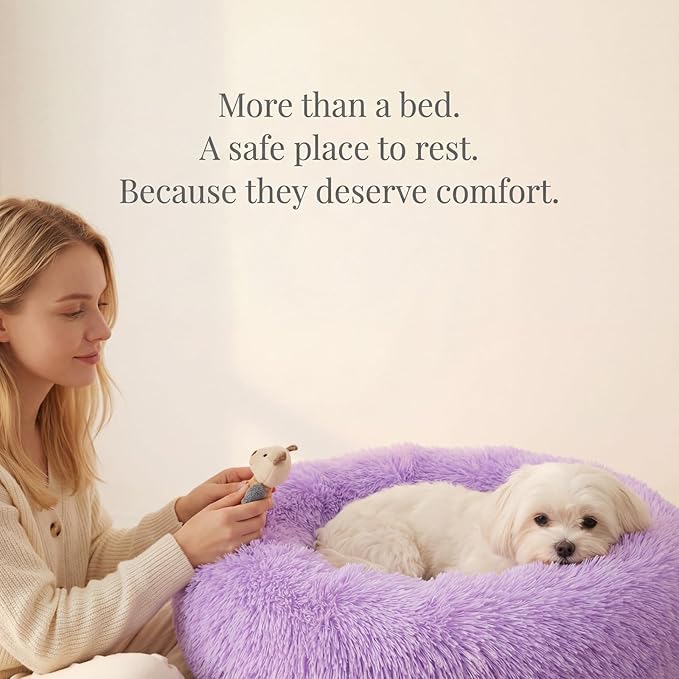 Calming Donut Dogs Beds for Small Dogs Washable,23inch Plush Round Pet Bed for Cozy Sleep,Fluffy Faux Fur Large Cat Bed,Fits up to 25 lbs Pets,Purple