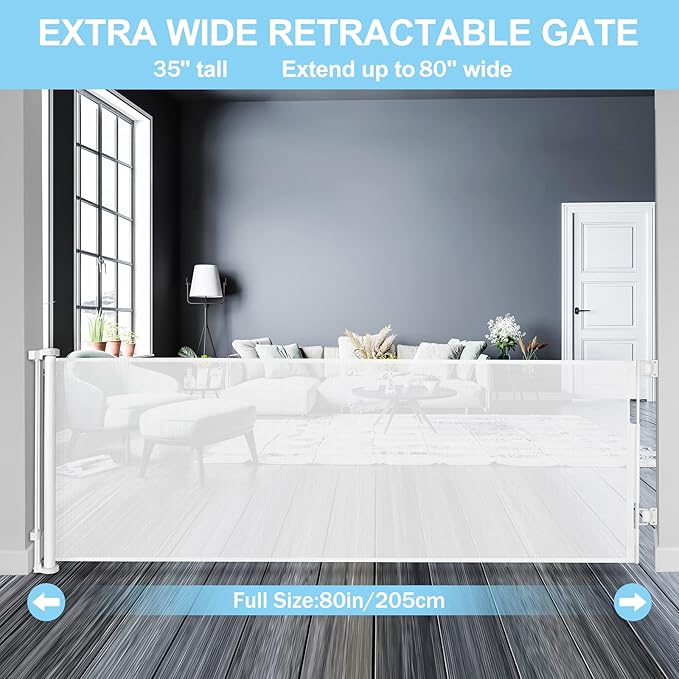 80 Inch Wide Baby Gate for Stairs Prevent Kid/Pet from Getting Through Retractable Outdoor Safety Gates for Toddlers Retractable Scratch-Resistant Mesh Dog Gate Indoor Doorway Gates for Pets, White