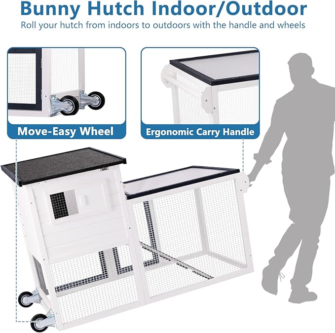 FunXplore Rabbit Hutch Indoor Bunny Cage Outdoor Chicken Coop with Wire Floor Slide Out Tray, Chew-Resistant Ramp & Entrance Openable Waterproof Roof & UV-Resistant Roof Handle Wheels