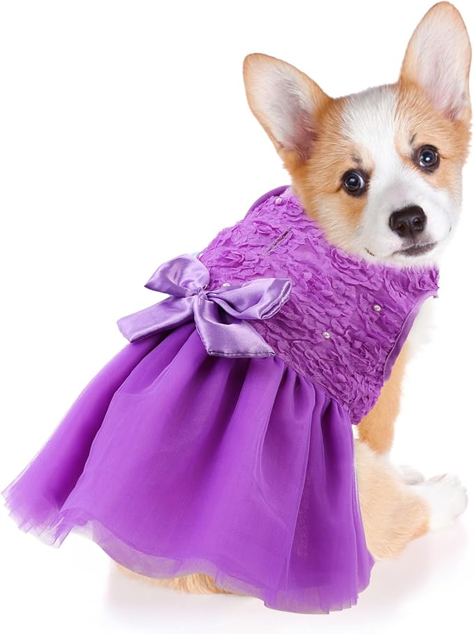 ASENKU Dog Dress Pet Wedding Dress Princess Lace Puppy Birthday Party Outfit Formal Apparel Girl for Small Medium Dogs Cats (Large, Purple)