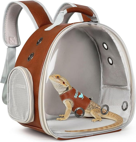 Bearded Dragon Carrier Backpack with Two Security Printing Harness with Leash Sets, Reptile Lizard Travel Bag to Carry and Transport Small Animal Kitten Bunny Guinea Pig to Vet(Brown, PU Leather)