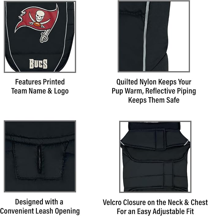 NFL Tampa Bay Buccaneers Puffer Vest for Dogs & Cats, Size Small. Warm, Cozy, and Waterproof Dog Coat, for Small and Large Dogs/Cats. Best NFL Licensed PET Warming Sports Jacket